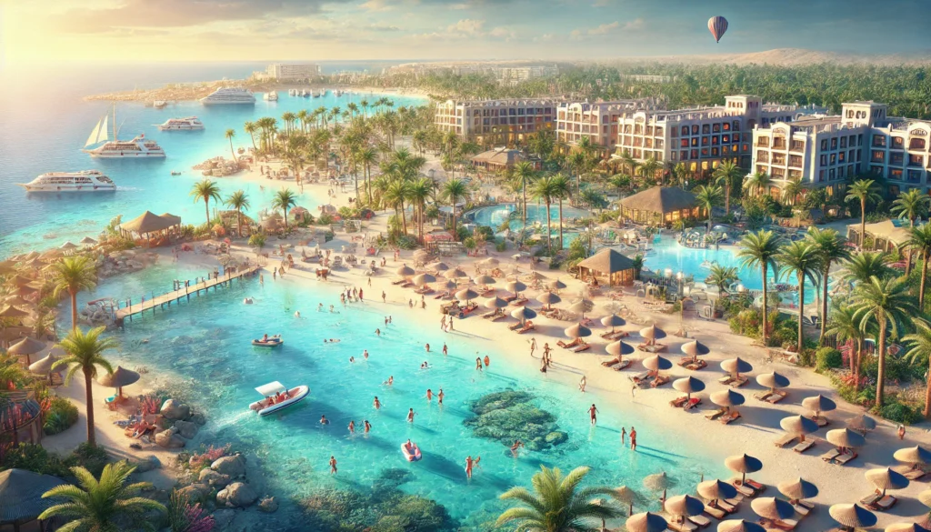 DALL·E 2024-07-30 21.06.58 - A realistic photograph depicting the tourist destination of Hurghada, Egypt. The scene includes a beautiful beach with clear blue waters of the Red Se