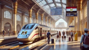 DALL·E 2024-07-30 21.20.05 - A realistic photograph depicting train travel in Egypt. The scene includes a modern train station with a sleek, high-speed train ready for departure.