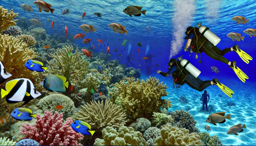 DALL·E 2024-07-30 21.34.48 - A realistic photograph depicting scuba diving in the Red Sea off the coast of Egypt. The scene includes divers exploring a vibrant coral reef teeming