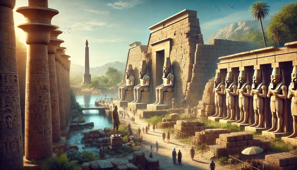 DALL·E 2024-07-31 21.53.46 - A realistic photograph depicting the ancient city of Memphis in Egypt. The scene includes the ruins of the once-great city, with notable structures li