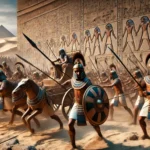 DALL·E 2024-07-31 22.31.54 - A realistic photograph depicting ancient Egyptian warfare techniques. The scene includes soldiers in traditional armor and headdresses, equipped with