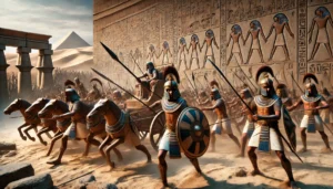 DALL·E 2024-07-31 22.31.54 - A realistic photograph depicting ancient Egyptian warfare techniques. The scene includes soldiers in traditional armor and headdresses, equipped with