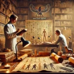 DALL·E 2024-07-31 22.34.54 - A realistic photograph depicting the documentation of ancient Egypt. The scene includes archaeologists and historians examining ancient papyrus scroll