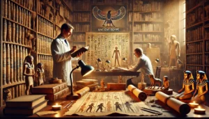 DALL·E 2024-07-31 22.34.54 - A realistic photograph depicting the documentation of ancient Egypt. The scene includes archaeologists and historians examining ancient papyrus scroll