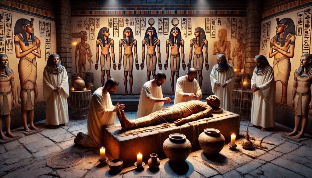 DALL·E 2024-07-31 22.38.01 - A realistic photograph depicting the ancient Egyptian process of embalming a body. The scene includes priests in traditional attire performing the mum