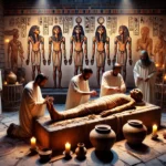 DALL·E 2024-07-31 22.38.01 - A realistic photograph depicting the ancient Egyptian process of embalming a body. The scene includes priests in traditional attire performing the mum
