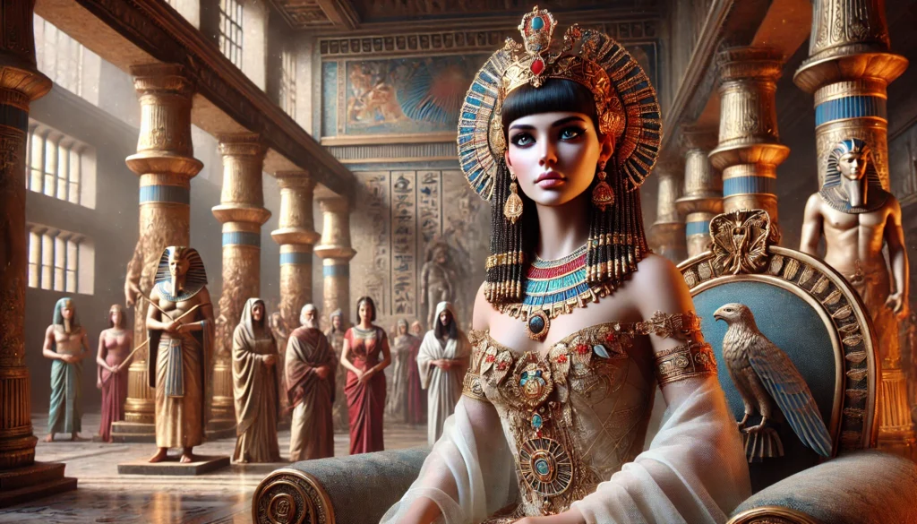 DALL·E 2024-07-31 23.14.23 - A realistic photograph depicting Queen Cleopatra of Egypt. The scene includes Cleopatra dressed in regal attire with intricate jewelry, a diadem on he
