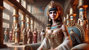DALL·E 2024-07-31 23.14.23 - A realistic photograph depicting Queen Cleopatra of Egypt. The scene includes Cleopatra dressed in regal attire with intricate jewelry, a diadem on he